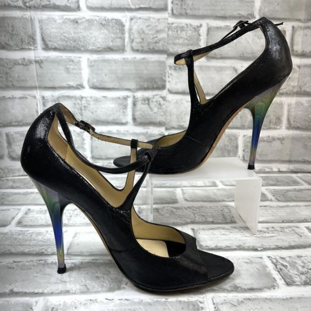 Jimmy Choo Women's Size 38.5 Black Leather Peep Toe Rainbow Heel Stiletto Pumps
